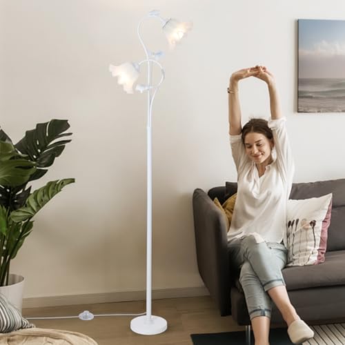 HMVPL White Flower Standing Lamp, Floral Tall Lamp with 2 LED 5W Blubs, Foot Switch, Modern Corner Floor Lamp with Acrylic Shade, Antique Lotus Flower Floor Lamp for Living Room Office Reading - color: White