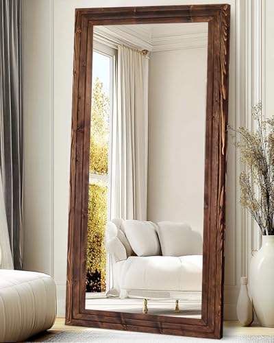 76x34in Full Length Mirror, 3-Tier Stepped Solid Wood Frame, Brown - color: Brown, size: 76"L x 34"W