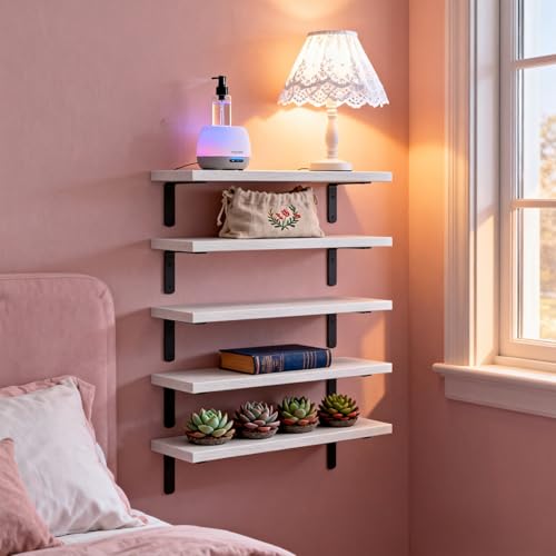 16.5 Inch Floating Shelves for Wall, Farmhouse Rustic Wall Shelves for Bedroom, Bathroom Storage, Living Room & Kitchen Decorative Shelves (White) - color: White