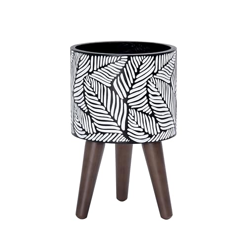 D'vine Dev 8 Inch Planter Pot with Wood Stand, White/Grey, 88-L-A-7 - color: White/Grey, size: Small