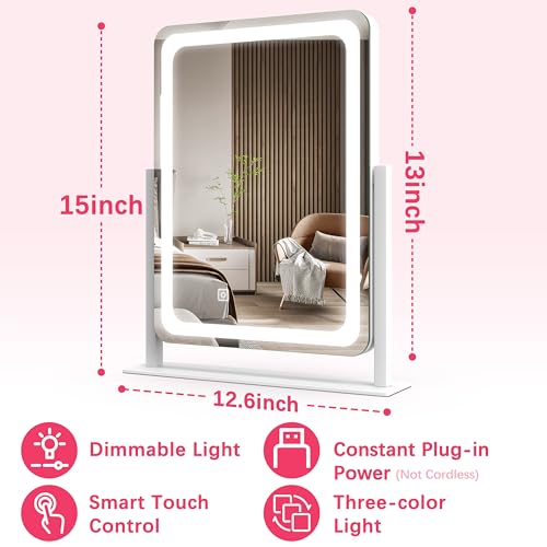 ROLOVE Vanity Mirror with Lights, 12.6"x15" LED Makeup Mirror with Lights, Smart Touch Control 3 Color Dimmable, Lighted Desk Mirror for Bedroom, Light Up Mirror - color: White, size: 13"L x 15"W