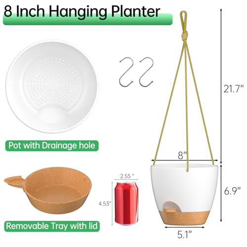 ZMTECH 8 Inch Hanging Planters for Indoor Outdoor Plants, 2 Pack Self Watering Hanging Plant Pots with Drainage Holes and Removable Saucer, Plastic Flower Hanging Pots with Watering Lip (White) - color: White, size: 8 Inch