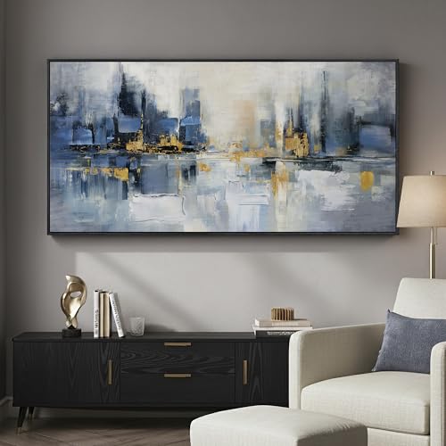 Extra Large Framed Blue Abstract Modern Wall Art for Living Room, 60x30 In - color: Blue, size: 60"L x 30"W