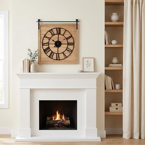 EMAX HOME 24 Inch Large Farmhouse Wall Clock, Unique Square Rustic Solid Wood Frame with Black Metal Hanging Rod, Silent Non-Ticking Quartz Movement, for Living Room, Bedroom, Kitchen - color: Brown 2, size: 24 Inch