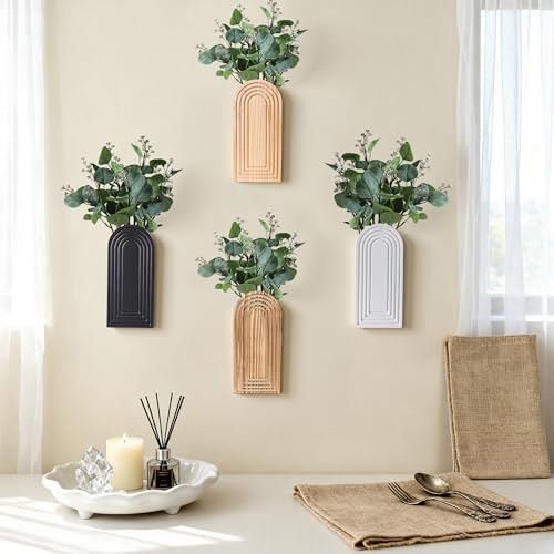 DREAMLOOM 2 Pack Wooden Wall Vases with Fake Plants, Wall Hanging Planters Boho Modern Farmhouse Indoor for Narrow Spaces Entryway Bathroom Home Office Decoration, Black - color: C-black