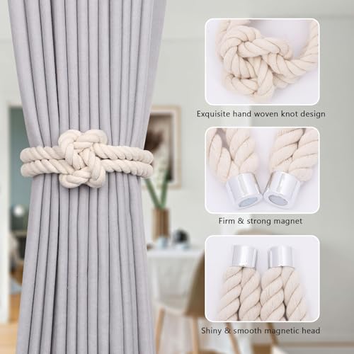 NICEEC Natural Cotton Rope Magnetic Curtain Tiebacks, 4 Pack, Beige - color: Beige, size: 4 Pack