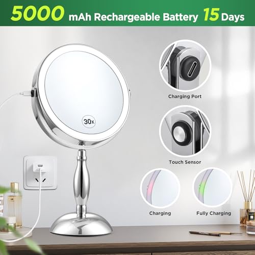 30x Magnifying Mirror, Chrome Lighted Makeup Mirror with 3 Colors Modes - color: Chrome
