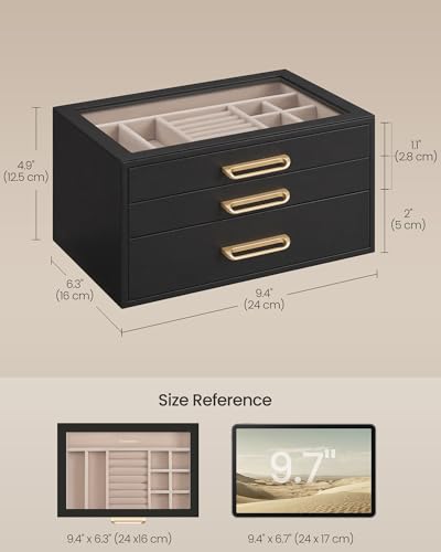 SONGMICS 3-Layer Jewelry Box with Glass Window, 3 Drawers, Golden Handles - color: Black, size: 3-Tier
