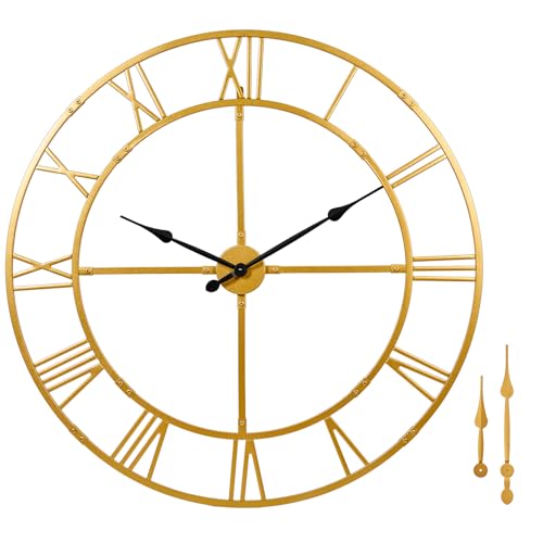 48 Inch Large Silent Wall Clock, Easy Assembly Roman Numeral Gold - color: Gold Metal Wall Clock, size: 48inch