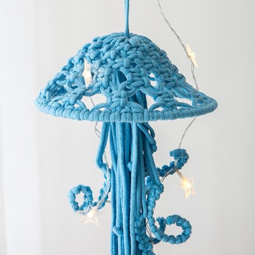 Macrame Wall Hanging,Jellyfish Dream Catcher with Star Lights,Bohemian Woven Wall Art Decor Beautiful Apartment Dorm Room Door Decoration (Blue) - color: Blue