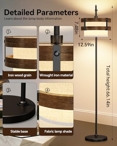 67" Industrial Floor Lamp with Wood & Black Metal Shade, Modern Standing Lamp, Rustic Farmhouse Tall Lamp for Living Room Bedroom Office, 2700K Bulb & Foot Switch Included (Black+ Wood -FL-2529) - color: Black+ Wood -FL-2529