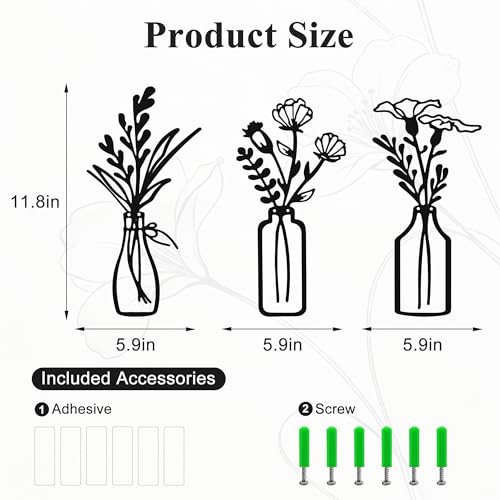 Embewhis Wall Decor Metal Flowers 3pcs, Rustic Farmhouse Flower Sculptures, 13.7" Wall Art Decor, Drill-Free Install Option for Living Room, Kitchen, Bedroom & Bathroom (M) - size: M
