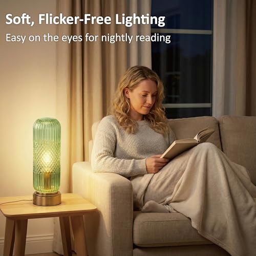Buruis 11.6" Touch Dimmable Table Lamp with Ribbed Glass Shade, Light Green - color: Light Green