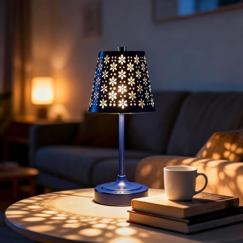 Cordless Table Lamp with Floral Cutout Shade, Portable Light, Navy Blue - color: Navy Blue