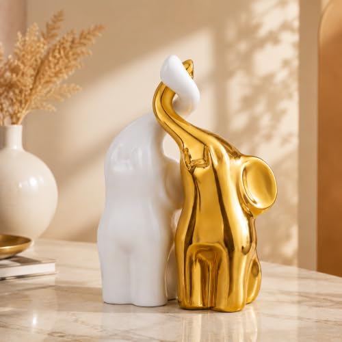 QINJIEJIE Golden Elephant Statue Figurines Loving Elephant Gift for Couples - color: Golden & White