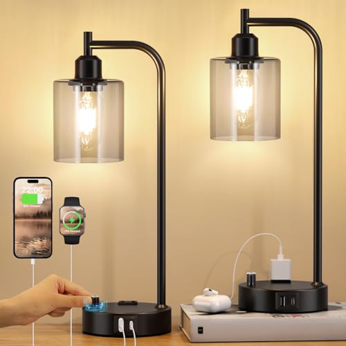 Industrial Desk Lamps for Office Set of 2 - Fully Dimmable Bedside Lamps with USB A C Ports and Outlet, Black Nightstand Lamps with Grey Glass Shade for Living Room, Table Lamps for Bedrooms Reading - color: Gray