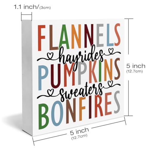 Dolimifa Fall Decor Autumn Harvest Wooden Box Sign, 5 x 5 Inches, Rustic Home Desk Shelf Tabletop Decor, Farmhouse Fall Decorations, Quality Wood, Sturdy, Clear Printing, Ideal Gift - color: Multicolor FLANNELS
