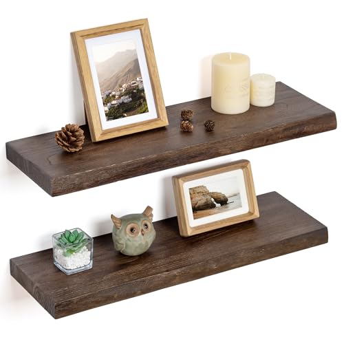 Floating Shelves for Wall, Solid Elm Wood Shelves, 24in Set of 2, Walnut - color: Walnut, size: Live Edge, 24inch, 2Packs