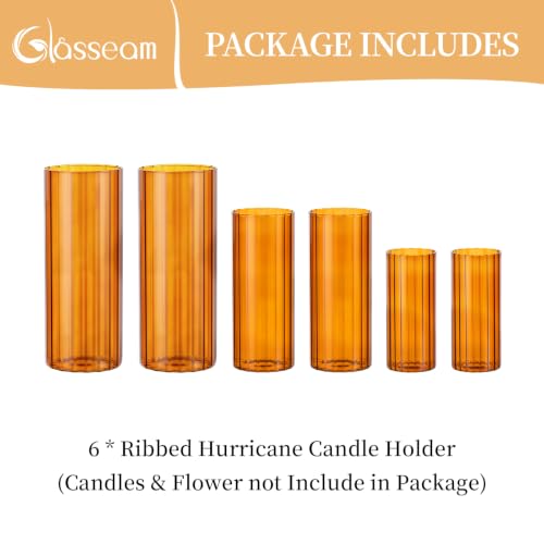 Glasseam Hurricane Glass Candle Holders, 6 Pcs Amber Ribbed Flower Vase Set - color: Amber