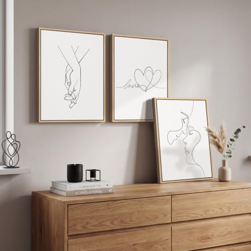Framed Minimalist Couple Love Heart Line Canvas Wall Art Bedroom, 12x16 In - color: White, size: 12" W x 16" H x 3Pcs