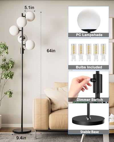 Lightdot 5-Globe Dimmable Globe Floor Lamp Black Retro Standing Lamps - color: 5 Globe-Black