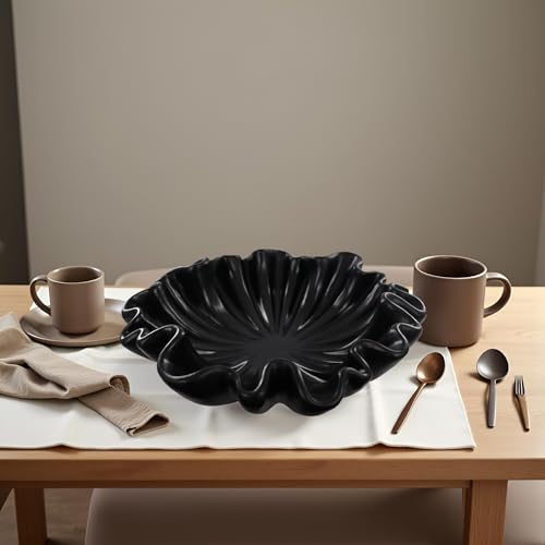 12" Large Decorative Bowl decor - Scalloped Decorative Bowls for Home Decor - Organic Fluted Modern Home Decor,Ruffle Decor key bowl,bowl for keys,Black - color: Black