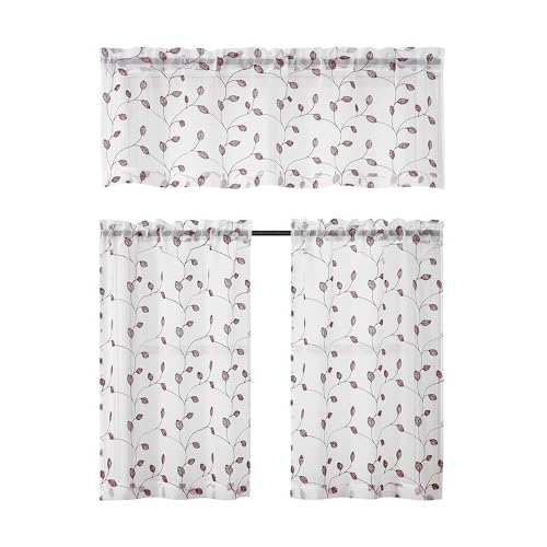 Regal Home Collections Embroidered Kitchen Tiers & Window Valance Curtains - 54"x36" Light Filtering Rod Pocket Cafe Tier, Curtain Valances for Windows, Elberon White/Burg - color: Elberon/Burgundy