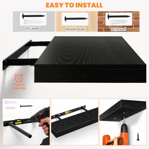 RICHER HOUSE 48 Inch Long Floating Shelves, 12 Inch Deep Black Wall Shelves - color: Black, size: 48in