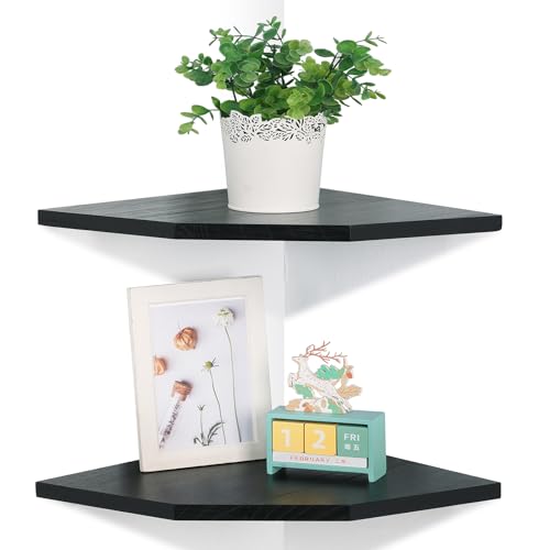Joiishom Wood Corner Wall Shelves Set of 2, Solid Wood Corner Floating Shelves, Round End Wall Mounted Floating Corner Shelf for Bedroom, Living Room and Kitchen (Black-12 inch) - size: Black-12 inch
