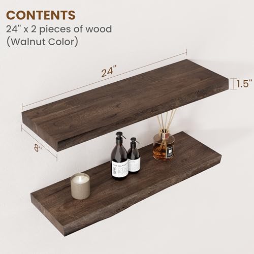 Floating Shelves for Wall Decor, Rustic Solid Elm Wood Live Edge Floating Shelves Wall Mounted, Wall Shelves with Invisible Bracket for Living Room Bathroom Bedroom Kitchen, 24 Inch Set of 2, Walnut - color: Walnut, size: Live Edge, 24inch, 2Packs