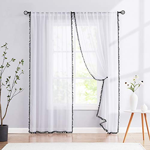 Sheer White Curtains with Black PomPom Trim for Living Room 52x84"Drape 2pc - color: White - Black, size: 52"W x 84"L (Pack of 2)