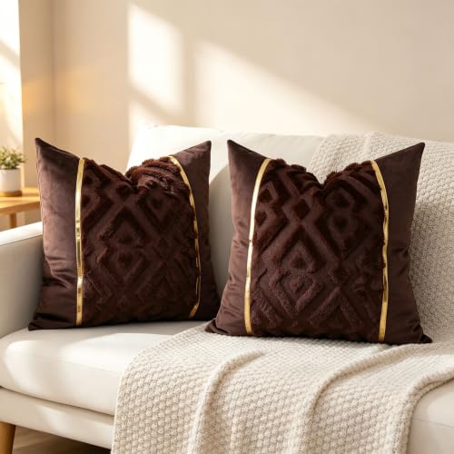 Luxury Patchwork Tufted Throw Pillow Cover 18x18 Inch Set of 2 - color: Dark Brown, size: 18" x 18" (Pack of 2)