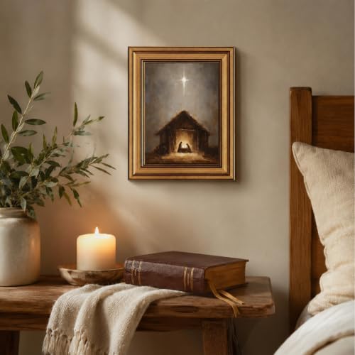 Vintage Gold Framed Christmas Wall Art Christian Nativity Canvas Print - color: Holy Night, size: 10"L x 8"W