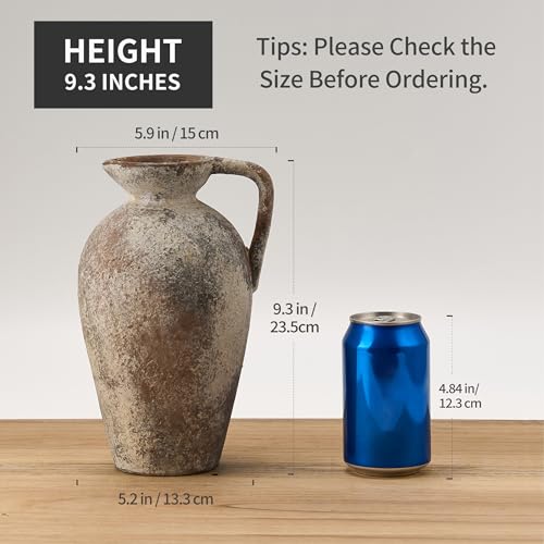 PORCER 9.3 Inch Antique Ceramic Vase, Terracotta Vase with Handle, Tuscan Decor Farmhouse Decorative Vase, Rustic Vase for Home Decor, Living Room, Entryway, Wedding - Distressed Design, Gray - color: Gray- 9.3"