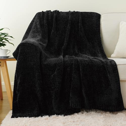 Black Throw Blanket for Couch, Soft Woven Chenille Throw Blanket 51"x67" - color: Dark Black