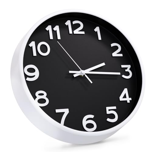 Wall Clock Silent Non-Ticking Battery Operated Indoor Analog Simple Style Modern Quartz Movement 3D Dial Easy to Read Decor for Home/Office/Living Room/Bedroom/Kitchen (Black-White, 12 inch) - color: Black-white