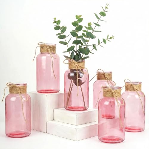 Mason Jars for Centerpiece Glass Flower Bud Vase Pink Vases, 6 Pc - color: Pink