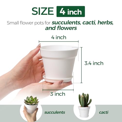 T4U Small Plant Pots 4 Inch 8 Pack, Plastic Indoor Flower Pots Saucer White - color: White, size: 4 inch