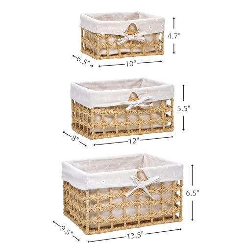 GIB Small Wicker Woven Storage Baskets for Organizng with Liners, Set of 3 - color: Beige