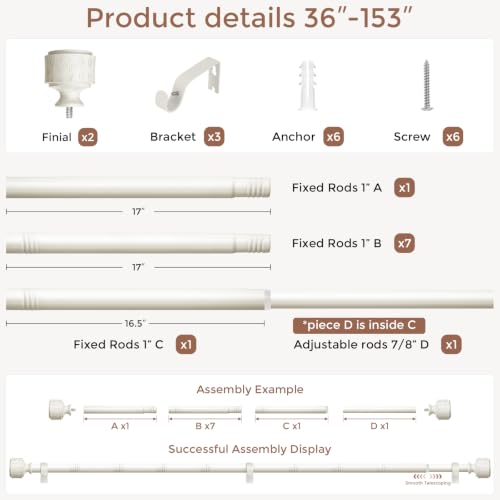 Antique White Wood Curtain Rod 36-153 Inch, Farmhouse Drapery Rods - color: Off White, size: 36"-153" (1 Pack)