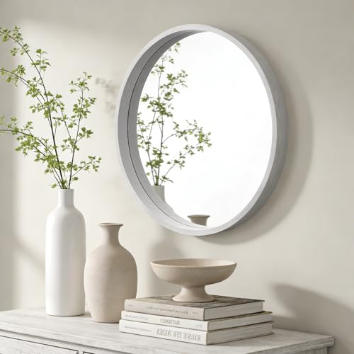 WallBeyond 24 Inch Round Wood Mirror, Circle Wooden Frame Wall Mirror for Bathroom, Living Room, Bedroom, Entryway (White) - color: White, size: 24"L x 24"W