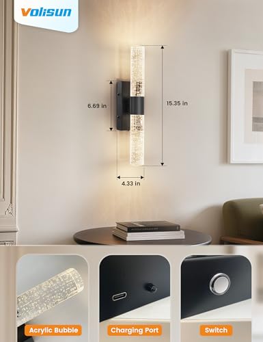 VOLISUN Battery Operated Wall Sconces Set of Two,Black Sconces Wall Decor Set of 2,Wireless Wall Sconces with Remote,Rechargeable Wall Light for Living Room,Bedroom,Bathroom,Vanity (15.3 inch) - color: Black