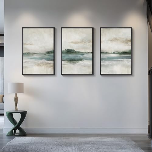 Framed Blue Green Abstract Landscape Wall Art, 3 Piece Set, Each 16x24 In - color: Tranquil Lakeview, size: 16" W x 24" H x 3pcs