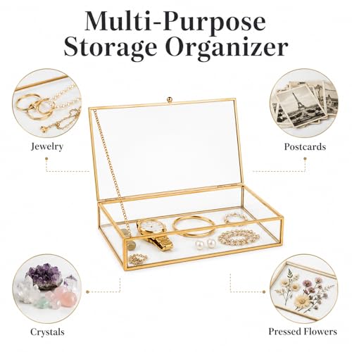 Feyarl Gold Glass Photo Cards Display Box Jewelry Trinket Ring Earring Post Cards Decorative Keepsake Box for Wedding Home Deco Dresser Coffee Table (8.66 x 5.9 x 1.96inch)