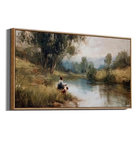 ARPEOTCY Large Landscape Wall Art, Nature Farmhouse Paintings Arts 20×40 in - color: Boy Fishing, size: 40"L x 20"W