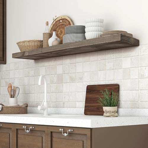 FLYJOE Solid Reclaimed Wood Floating Shelf 48inches Width and 8 inches Depth, Rustic Reclaimed Barnwood Wall Hanging Shelves with Invisible Heavy-Duty Metal Bracket,Cement Grey - color: Distressed Grey, size: 48inches-1P