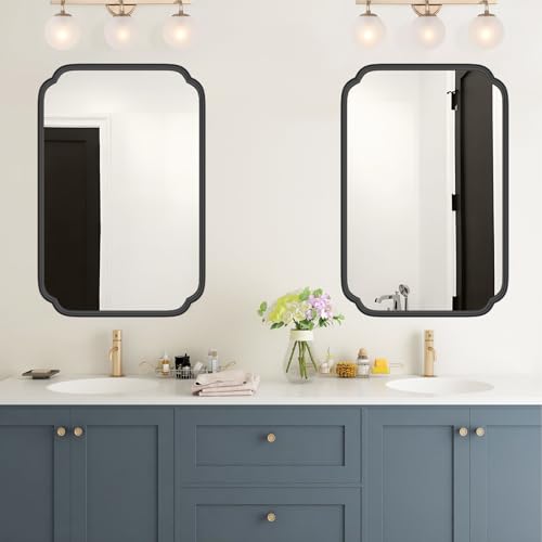 Ferytange Black Bathroom Vanity Mirrors for Over Sink 24" x 36" Modern Rounded Corner Rectangle Mirror with Non-Rusting Iron Metal Framed Wall Mounted Decorative Mirror (Horizontal/Vertical) - color: Black, size: 36"L x 24"W