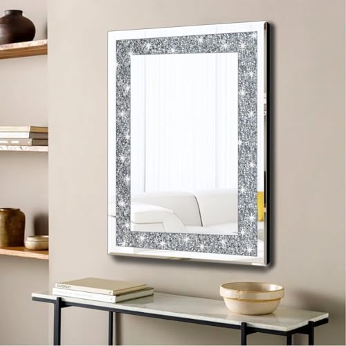 QMDECOR Crystal Crush Diamond Rectangle Silver Mirror for Wall Decoration 20x28inch Wall Hang Frameless Mirror Glass Diamond Decor. - size: 28"L x 20"W
