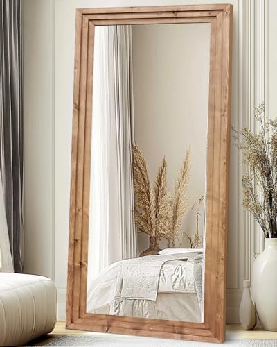 76x34in Full Length Mirror, 3-Tier Stepped Solid Wood Frame - color: Light Brown, size: 76"L x 34"W