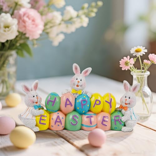 DR.DUDU Easter Decorations Eggs Bunny, Hand-Painted Resin Tabletop Centerpiece, Decor Bunny Figurine for Home Room Table Office Party (Happy Easter)